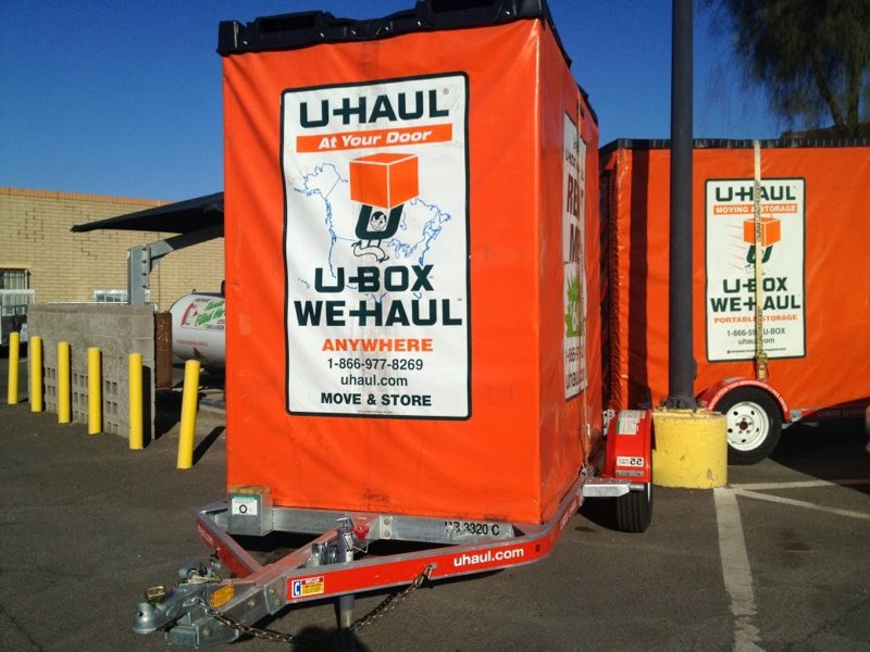 U-Haul U-Box portable moving and storage containers on a trailer